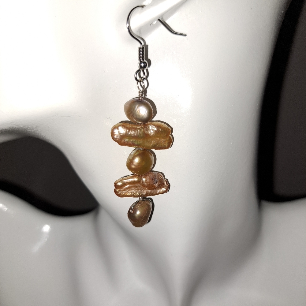 Champagne Biwa & Pale Brown Baroque Freshwater Pearl Earrings in Stainless Steel